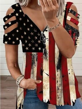 Cold-Shoulder American Flag Zip-Front Tunic Top - Red White Blue